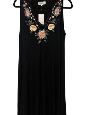 Sugar Black Sleeveless Midi Dress with Floral Embroidery